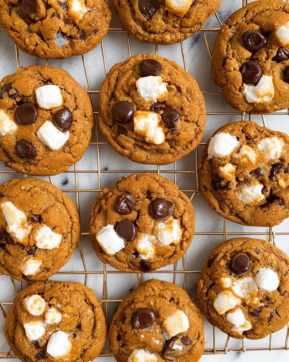 The image shows several golden brown cookies with a rough texture, each topped with large, soft, melted white marshmallows that have light golden spots on them. Scattered on and inside the cookies are pieces of dark milk chocolate, some partially melted, adding a rich contrast. The cookies are placed on a white marbled surface with small crumbs around them. One cookie in the front has a large bite taken out of it, revealing a moist, chewy inside. photo taken with an iphone --ar 4:5 --v 7