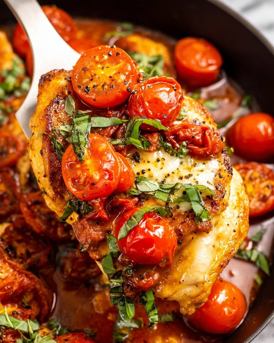 A close-up of a cooked dish shows one large piece of golden brown chicken on a white spatula held by a woman's hand. On top of the chicken, there is a layer of melted cheese, followed by a layer of bright red cooked cherry tomato halves scattered with small black pepper bits and fresh green basil leaves. The chicken is resting over a rich tomato sauce with more cherry tomatoes and herbs visible underneath in a black pan, all placed against a white marbled background. Photo taken with an iphone --ar 4:5 --v 7