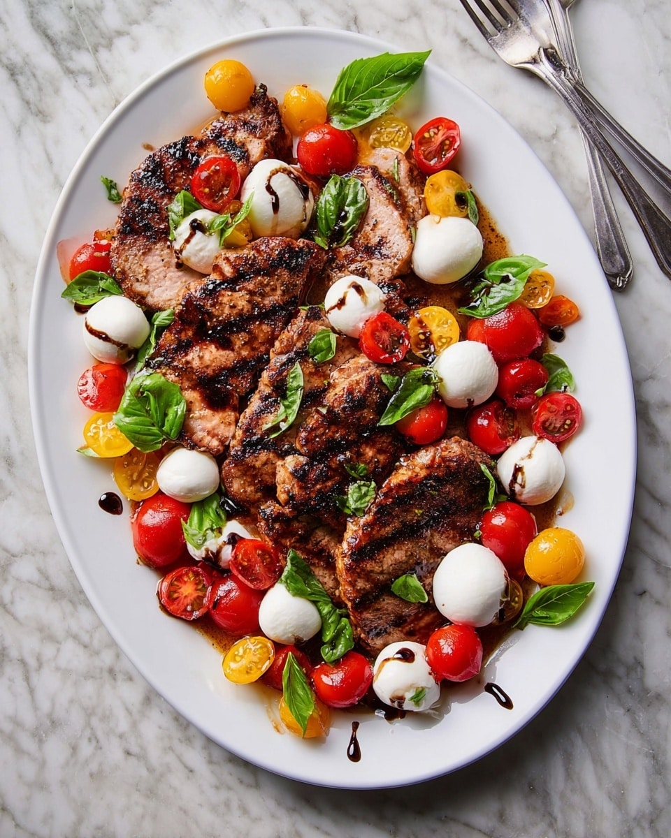 The image shows two grilled pieces of meat with a browned, slightly charred surface. They are topped with fresh green basil leaves and surrounded by small round white mozzarella balls. Halved cherry tomatoes in red and yellow are scattered around, adding bright pops of color. A dark balsamic glaze is drizzled generously over the meat and some of the basil, creating shiny, syrupy streaks. The dish is presented on a white plate with a white marbled surface beneath it. Photo taken with an iphone --ar 4:5 --v 7