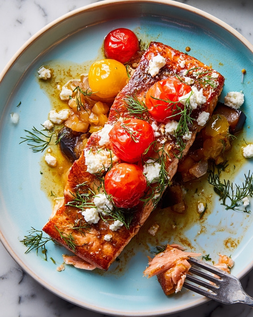 A rectangular slice of cooked salmon with a reddish-brown crust lies slightly angled on a white plate with a light blue center, topped with whole red and yellow cherry tomatoes and small white crumbles of cheese. Green dill sprigs are scattered on the salmon and the plate. Underneath the salmon is a layer of sautéed diced vegetables including onions and what seems to be eggplant, visible near the bottom and side edges. The plate has some oil and sauce marks around the food. A silver fork holds a piece of salmon near the bottom right, resting on the plate on a white marbled surface. photo taken with an iphone --ar 4:5 --v 7