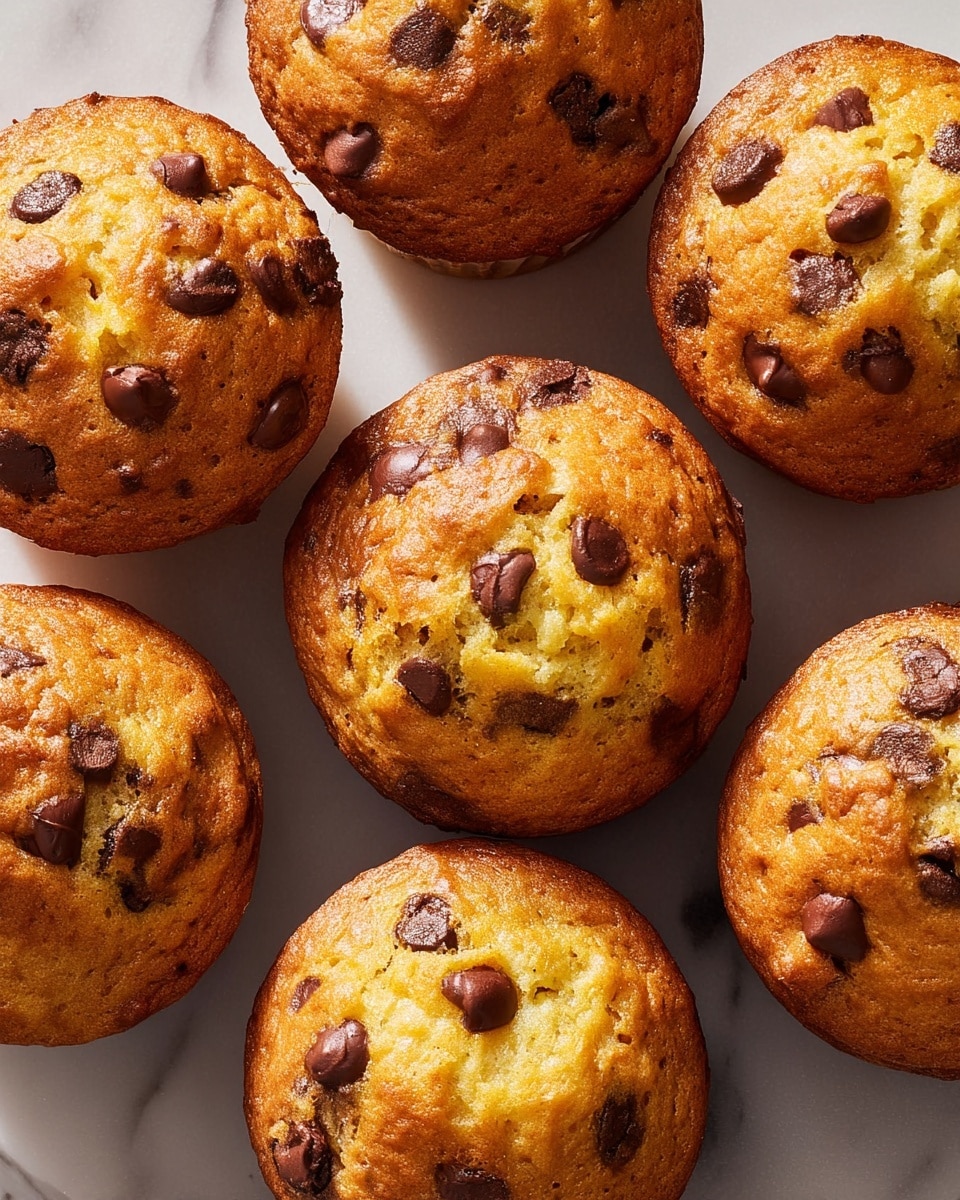 Five golden brown muffins with rough tops are shown close-up on a white plate with blue floral patterns. Each muffin is studded with multiple smooth, dark chocolate chips scattered on top and visible inside. The muffins have a fluffy texture with some cracks on the tops, making them look soft and fresh. The plate rests on a white marbled surface with a yellowish object blurred in the background. photo taken with an iphone --ar 4:5 --v 7