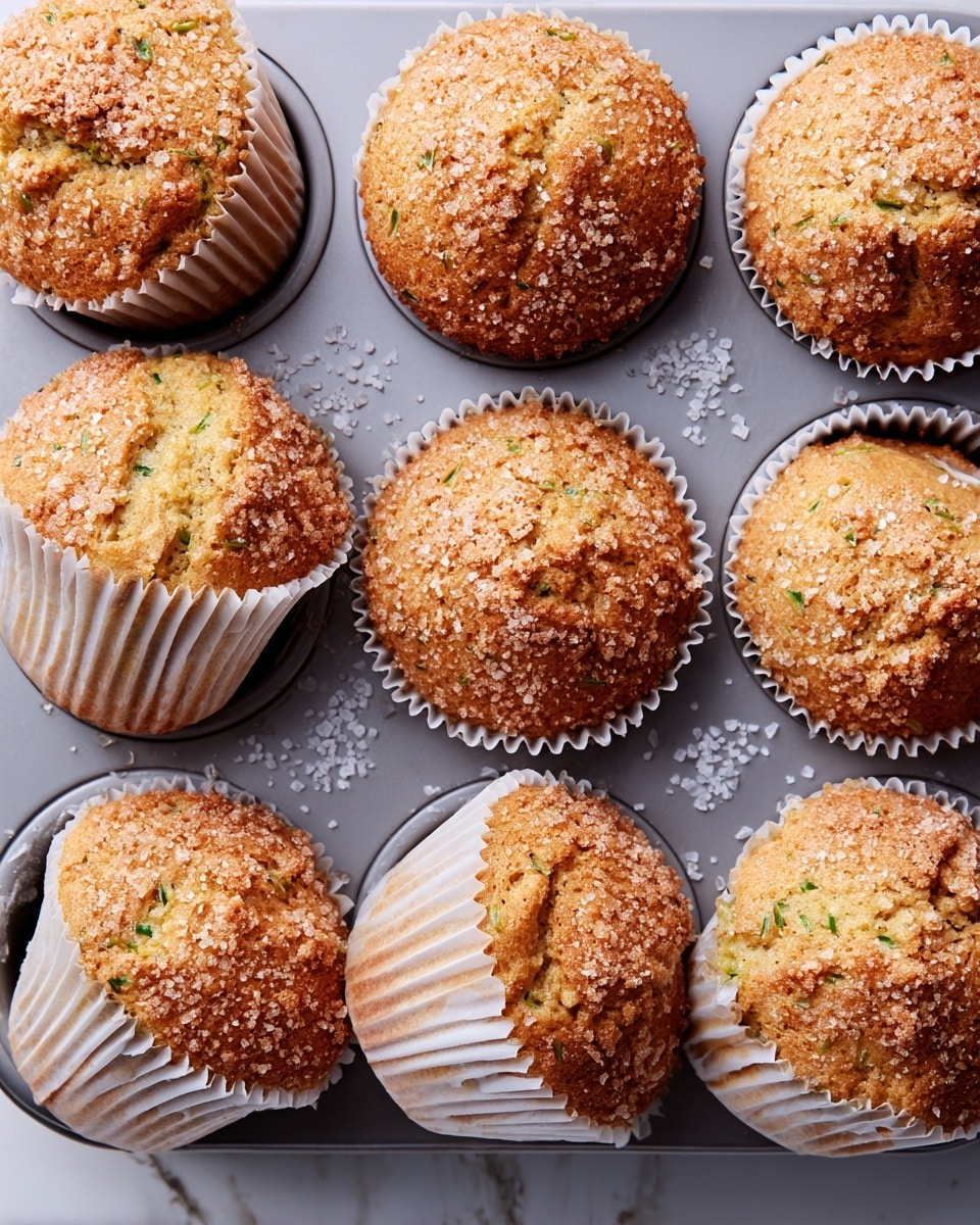 Nine golden brown muffins with light green bits inside, each in a white paper cup, sit in a gray metal muffin tray. The muffin tops are rounded and covered with coarse sugar crystals that sparkle and add a rough texture. Some muffins lean to the side, showing the ridged white paper cups clearly. Scattered sugar crystals surround the muffins inside the tray. The background is a white marbled texture. photo taken with an iphone --ar 4:5 --v 7