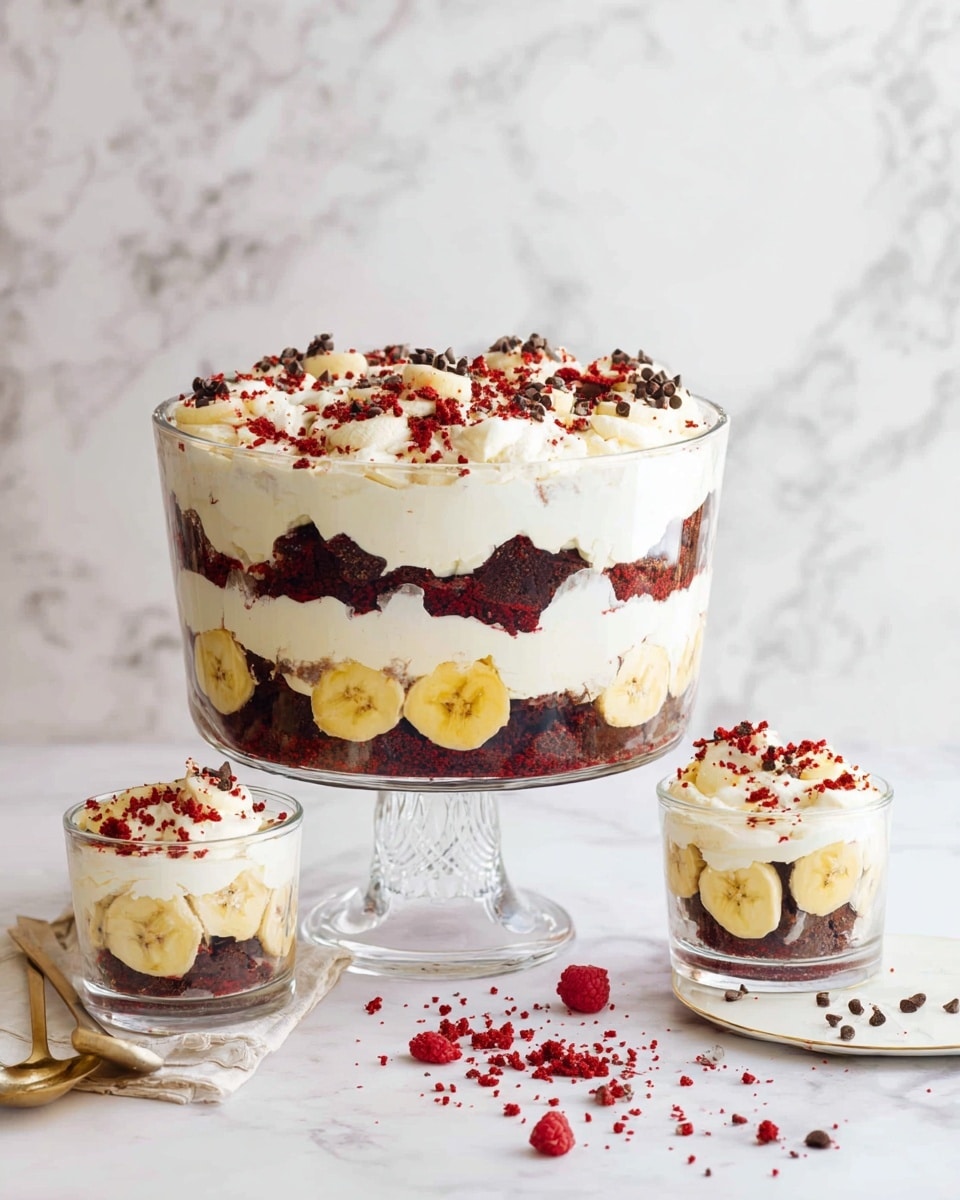 The dessert is served in a round clear glass with three main layers: the bottom layer is white creamy yogurt, the middle layer has red cake pieces and banana slices pressed against the glass, and the top layer is white creamy yogurt again, garnished with red cake crumbs and small dark chocolate chips on top. The glass sits on a textured beige cloth, and the background shows a white marbled surface with another similar dessert glass and a small white bowl filled with chocolate chips slightly blurred. Photo taken with an iphone --ar 4:5 --v 7