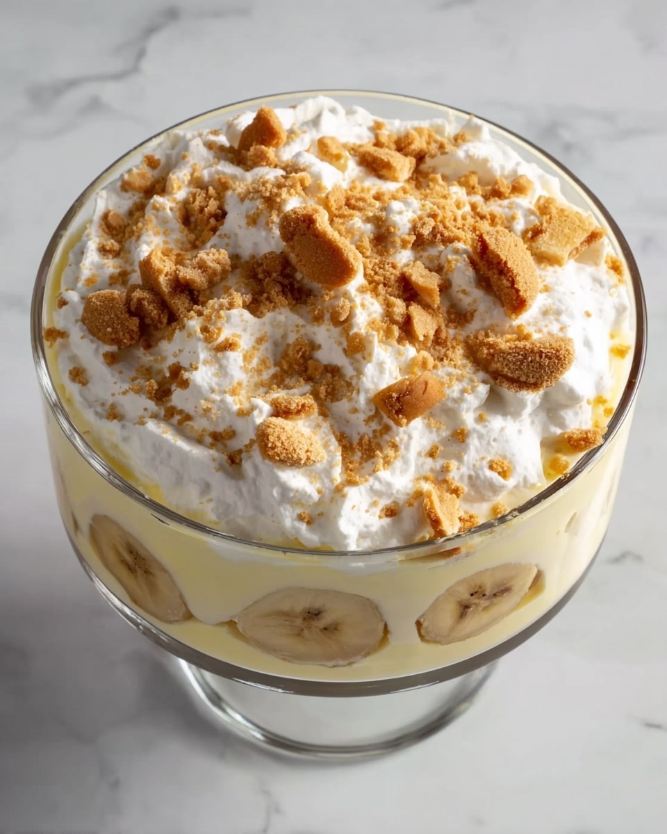 The image shows a dessert in a clear glass bowl with three main layers. The bottom layer has a light yellow color, which looks smooth and creamy. The middle layer is thinly sliced bananas that are pale yellow with some visible curves. The top layer is a thick, white whipped cream that is soft and fluffy, sprinkled with broken golden brown cookie pieces, adding a crunchy texture. The bowl sits on a white marbled surface, and the photo is taken from above, highlighting the different textures and colors in the dessert. photo taken with an iphone --ar 4:5 --v 7