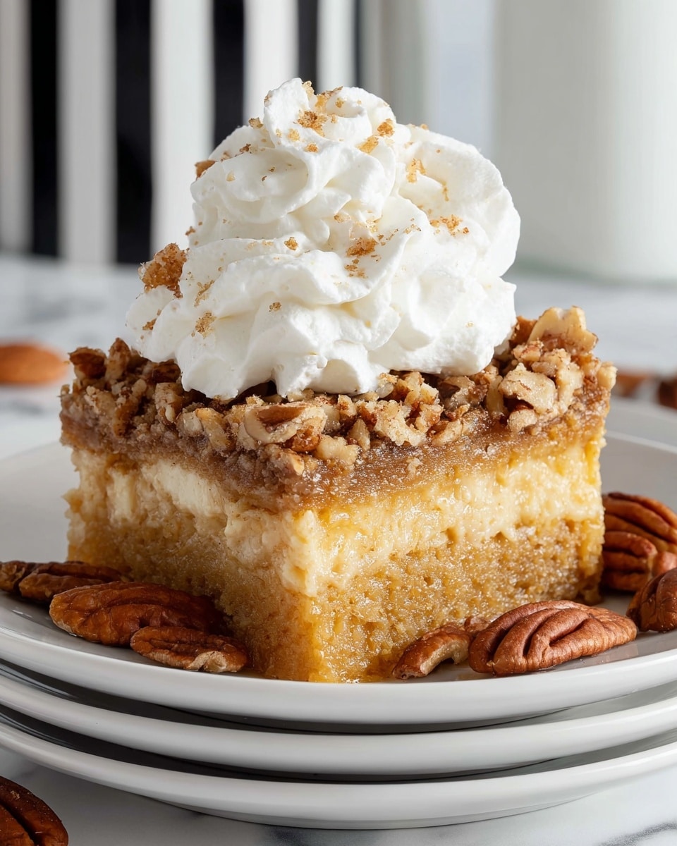 A thick square slice of golden-brown dessert with a moist and crumbly texture forms the bottom and middle layers. The top layer is covered with a crunchy layer of chopped pecans, adding a rough texture and deep brown color. On top sits a large, fluffy swirl of bright white whipped cream, soft and smooth. The dessert is placed on a clean white plate, which sits on two more stacked white plates. A few scattered whole and halved pecans with shiny brown shells surround the slice on the plate. The background shows a white marbled surface and a blurred area with black and white vertical stripes. Photo taken with an iphone --ar 4:5 --v 7