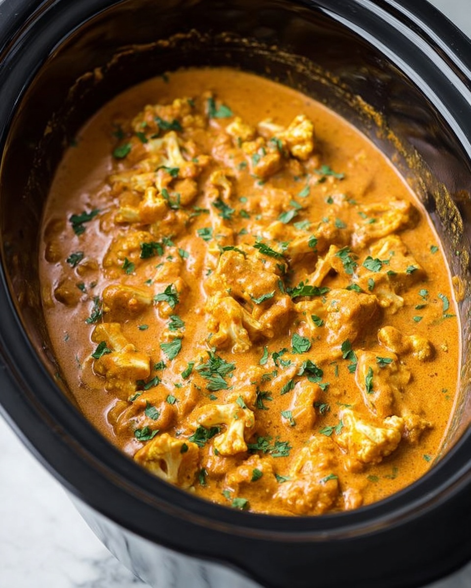 A black slow cooker filled with a thick, creamy orange-brown curry sauce mixed with soft cauliflower pieces and small bits of carrot. The surface is sprinkled with finely chopped green herbs, adding a touch of fresh color. The sauce looks smooth and covers the vegetables evenly, with some areas showing tender cauliflower florets covered in sauce. The background is a white marbled texture. photo taken with an iphone --ar 4:5 --v 7