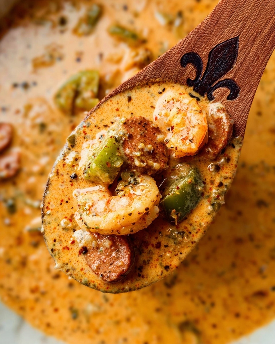 A close-up of a wooden spoon with a dark fleur-de-lis design holding a creamy, orange sauce with visible chunks of sliced sausage, shrimp, chopped green peppers, and small pieces of white meat, all lightly sprinkled with ground black pepper. The background shows the same creamy sauce with herbs and spices, sitting on a white marbled surface. photo taken with an iphone --ar 4:5 --v 7