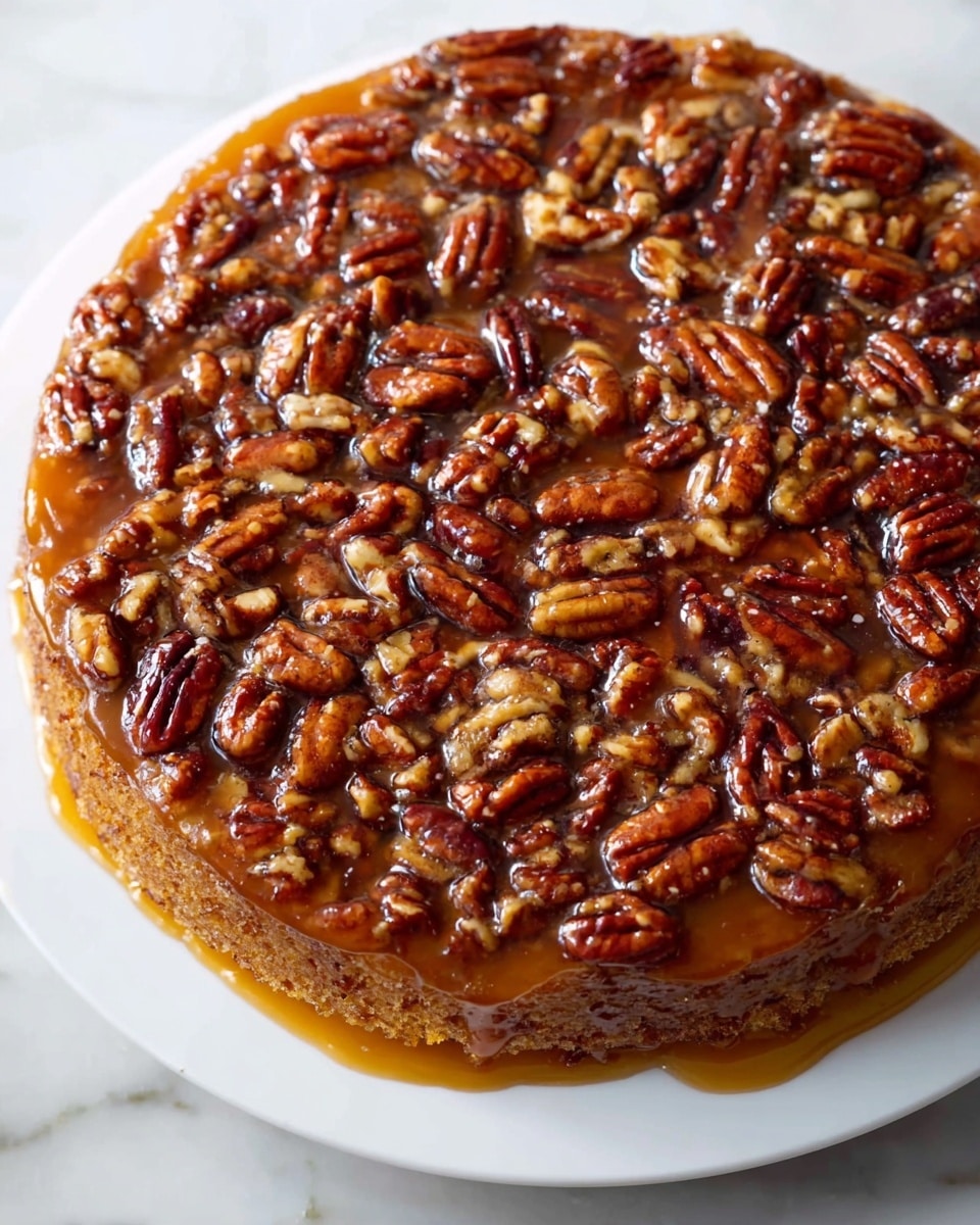 The image shows a single-layer round cake topped with a thick layer of glossy caramel and whole pecan nuts densely covering the entire top. The cake layer underneath has a golden-brown color with a slightly textured surface. The cake is placed on a white plate over a white marbled surface, creating a clean and simple background that contrasts with the rich brown and amber colors of the pecan topping and caramel. photo taken with an iphone --ar 4:5 --v 7