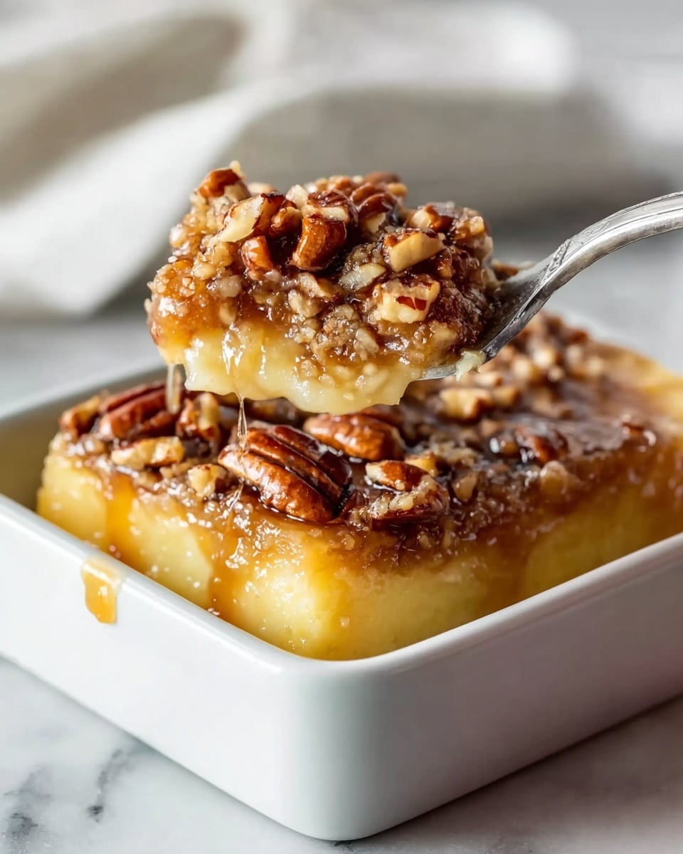 A square piece of crumbly pecan dessert sits on a white plate with a white marbled texture underneath. The dessert has a brown, crunchy crumb layer as the base, topped with whole shiny pecans arranged neatly on top. A smooth, round scoop of pale vanilla ice cream rests on the dessert’s center. Thick amber caramel sauce is being poured slowly over the ice cream, dripping down over the pecans and onto the plate. In the background, a white baking dish filled with more of the pecan dessert is slightly out of focus. Photo taken with an iphone --ar 4:5 --v 7