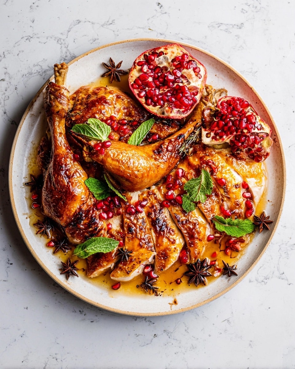 A white plate with several layers of golden brown roasted meat, sliced into thick, juicy pieces with a crispy texture. Bright red pomegranate seeds are scattered on top and around the meat, adding contrast and freshness. A few green leafy herbs add small pops of color and freshness on the meat. Two halves of a bright red pomegranate with shiny seeds and white pith are placed on the plate's edges. The dish has a shiny, slightly oily glaze that gives it a rich and appetizing look. A star anise is also visible near the bottom of the plate. The plate rests on a white marbled surface. photo taken with an iphone --ar 4:5 --v 7