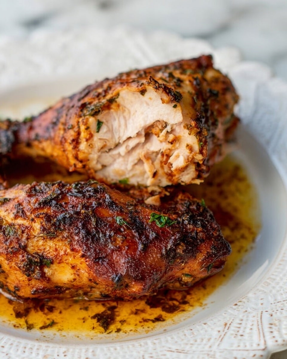 The image shows two large, cooked chicken legs on a white plate with a raised swirl pattern along the edge. The chicken skin is golden brown with darker charred spots, giving a crispy texture look. There are small green herbs sprinkled lightly on the chicken and the plate. The plate sits on a white marbled surface. photo taken with an iphone --ar 4:5 --v 7