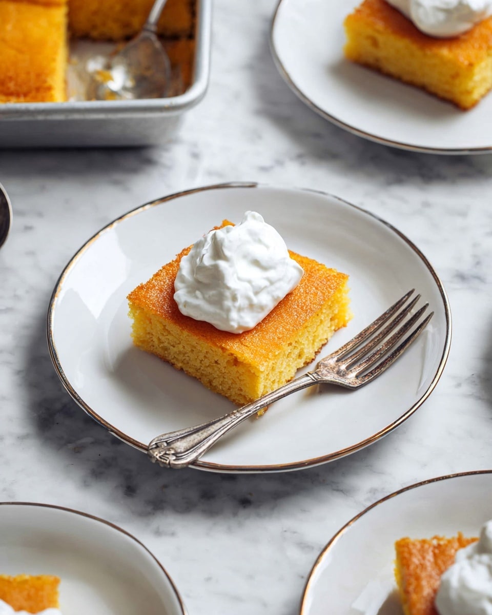 A single square piece of orange-yellow cake is placed in the center of a white plate with a thin silver rim. On top of the cake, there is a dollop of white whipped cream with a soft, fluffy texture. Next to the cake on the plate, a vintage silver fork rests, showing some signs of wear. The background is a white marbled surface, and there is a baking pan with the same cake visible in the top left corner. Other white plates with similar cake pieces are around the main plate, some with silver forks and some with spoons. photo taken with an iphone --ar 4:5 --v 7