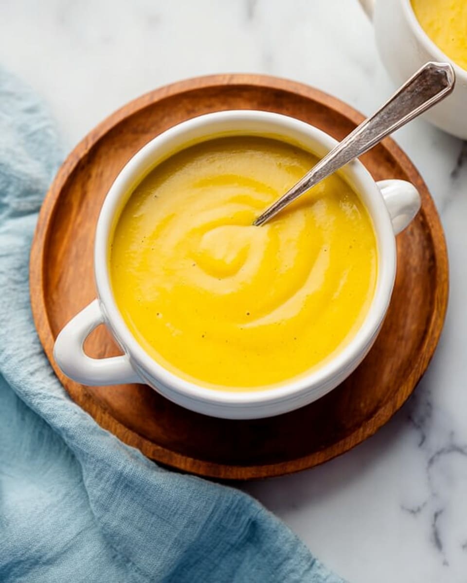 The image shows two white bowls filled with bright orange soup, both placed on a round wooden board on a white marbled surface. One bowl is in full view in the front, filled with smooth, creamy soup that has a slight swirl on top and a light sprinkling of black pepper. The second bowl is partially visible behind it, also filled with the same soup. To the left of the board, a gray cloth napkin is folded, with two silver spoons resting on it. The overall look is warm and inviting, with smooth textures and soft colors. Photo taken with an iphone --ar 4:5 --v 7