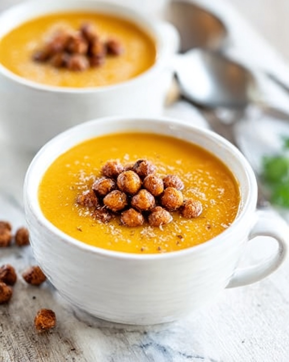 The image shows two white bowls filled with smooth, bright orange soup. Each bowl is topped with a small pile of round, reddish-brown crunchy balls. In the front bowl, a spoon is scooping some soup with a few crunchy balls, held by a woman's hand. The bowls are placed on a white marbled textured surface with some scattered red and brown round crunchy balls to the right side of the image. The lighting is natural and soft, giving the soup a warm and inviting look. Photo taken with an iphone --ar 4:5 --v 7
