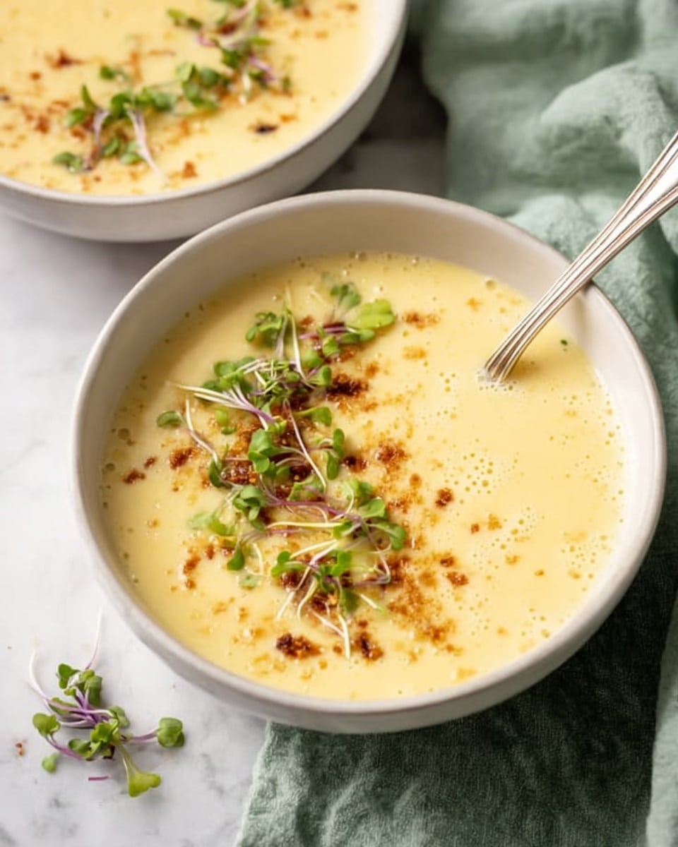 The image shows two white bowls filled with creamy light yellow soup, with a smooth texture and some small bubbles on the surface. Each bowl has a layer of brown crispy crumbs sprinkled on top, along with small green microgreens scattered over the soup. A spoon rests inside the bowl in the foreground, partially dipped in the soup. The bowls are placed on a white marbled surface, with a soft green cloth napkin next to them. The overall look is fresh and inviting. photo taken with an iphone --ar 4:5 --v 7