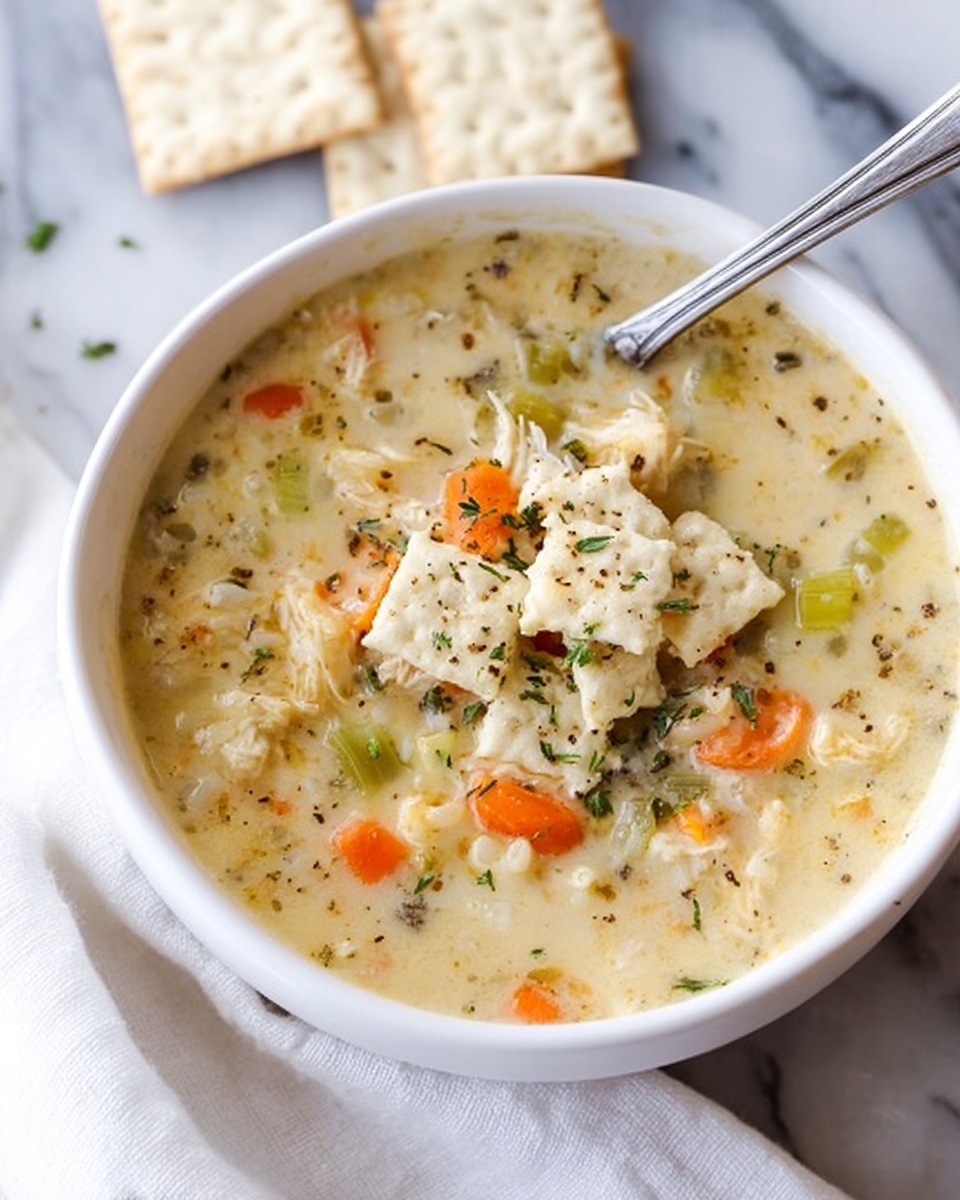 The image shows a white bowl filled with creamy soup featuring visible pieces of chopped carrots, celery, and cauliflower, with small green herbs sprinkled throughout. On top of the soup, there is a layer of broken crackers that add texture, sitting just above the creamy broth. A silver spoon rests inside the bowl, leaning against the side. Nearby, there are flat crackers resting on a white cloth over a white marbled surface, with another similar bowl partially visible in the background. The scene is softly lit, highlighting the warm and comforting colors of the dish. photo taken with an iphone --ar 4:5 --v 7