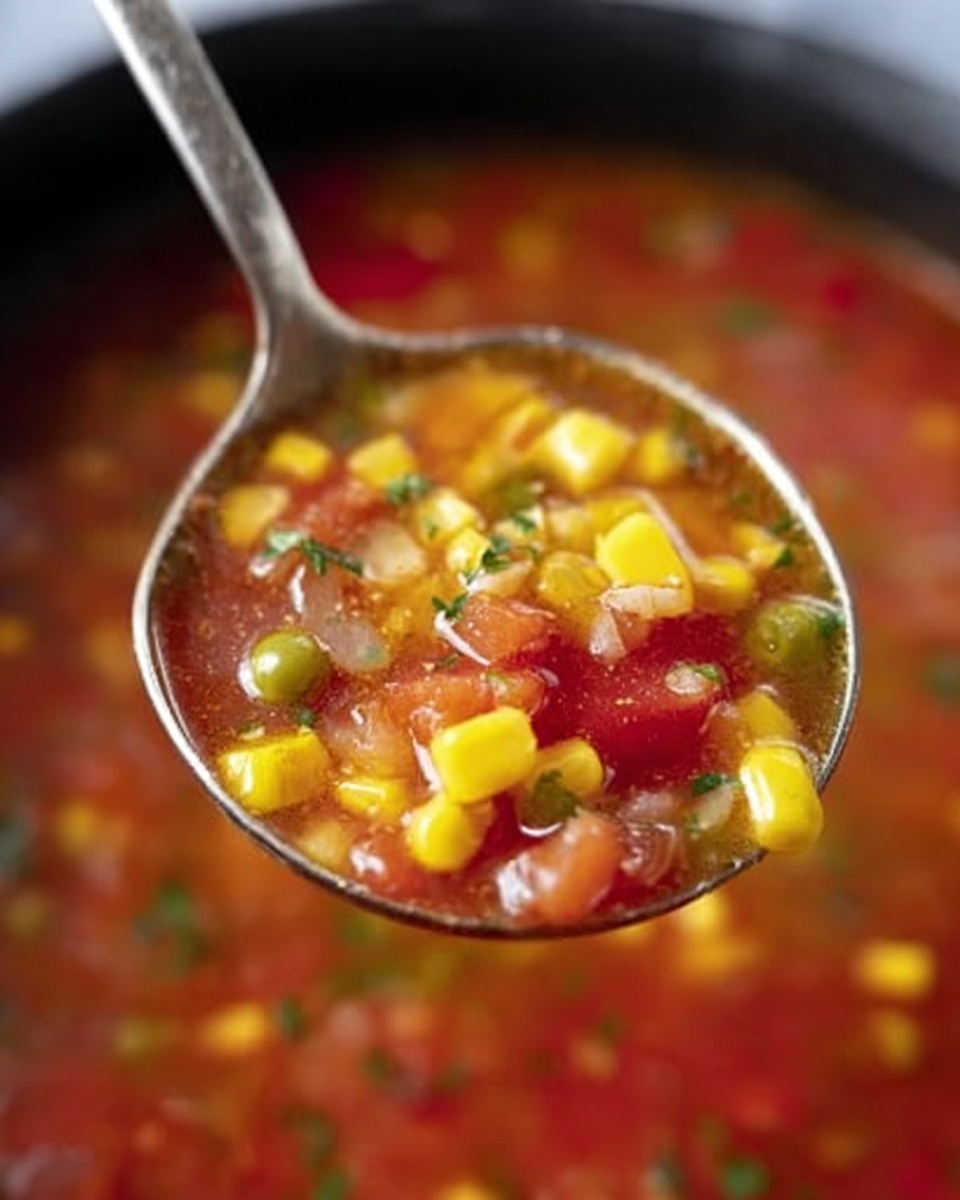 A close-up view of a silver ladle filled with a chunky vegetable soup, showing layers of bright yellow corn kernels, small green peas, red tomato pieces, and tiny white beans in a thick red broth. Small bits of onion and herbs float in the broth, adding texture. The ladle is held above a pot of the same soup, with a white marbled surface blurred in the background, highlighting the rich colors and fresh ingredients in the soup. Photo taken with an iphone --ar 4:5 --v 7
