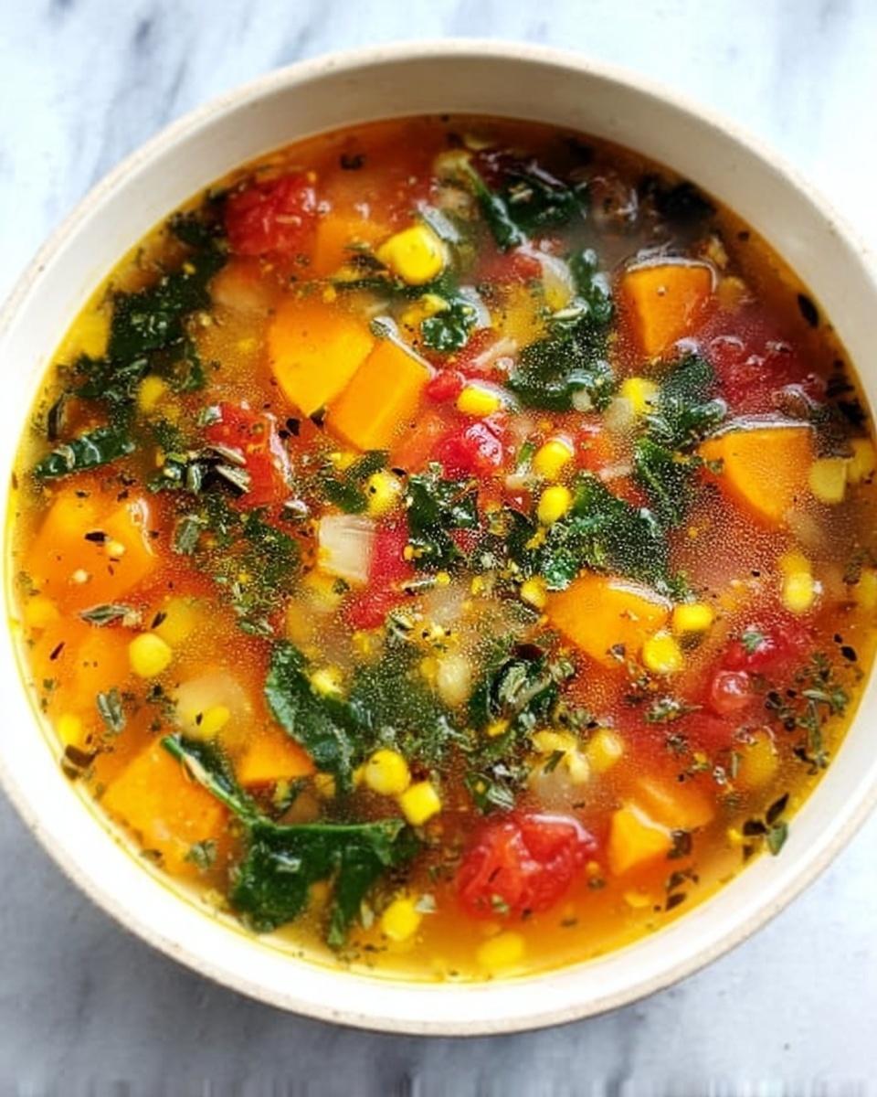 A wooden spoon holds a colorful soup filled with small orange carrot slices, red tomato pieces, yellow chunks, green spinach leaves, and light beige grains or small beans. The soup looks warm and clear with a mix of colors and textures visible through the broth. The background shows more of the same soup in a white bowl on a white marbled surface. photo taken with an iphone --ar 4:5 --v 7