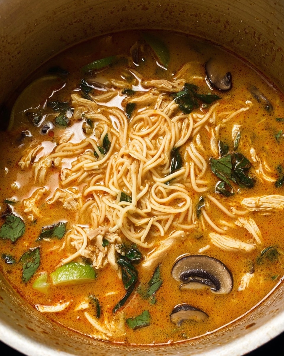 A white bowl with a blue pattern around the rim is filled with a rich reddish-brown soup topped with light tan noodles, some green herbs, and a round slice of lime partially submerged in the broth. Two wooden chopsticks with blue and white decoration rest on the edge of the bowl, lifting a tangle of noodles. The soup contains visible green leafy herbs, diced vegetables, and a few mushrooms. The background is a white marbled texture with bits of scattered nuts near the bowl. A second similar bowl is partially visible and blurred in the background. Photo taken with an iphone --ar 4:5 --v 7