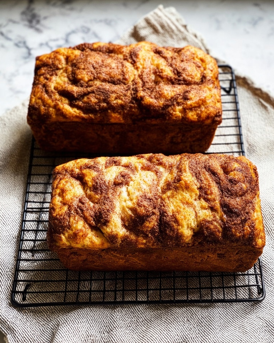 Two rectangular loaves of cinnamon swirl bread with a rough, textured crust sit on a black wire cooling rack. The bread has a golden brown and light yellow color with swirls of dark brown cinnamon throughout the top surface. The cooling rack is placed on a white marbled cloth background with a soft, woven texture visible. The baked bread looks fresh and crunchy on the outside while soft inside. Photo taken with an iphone --ar 4:5 --v 7