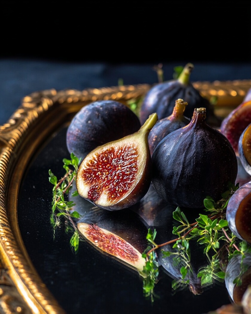 The image shows a close-up of fresh figs arranged on a reflective golden tray with an ornate frame, placed on a dark black background. There are whole dark purple figs with smooth skin, and some figs sliced open, revealing a rich red interior with a soft texture. Small green herb sprigs are scattered around the figs, adding a fresh and vibrant contrast. The reflection on the tray creates depth, and the lighting highlights the figs’ natural colors and textures. photo taken with an iphone --ar 4:5 --v 7