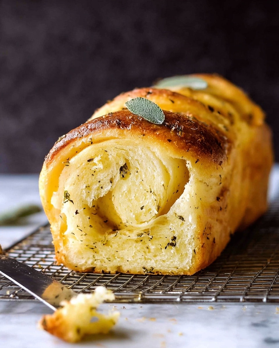 The image shows a close-up of a golden brown rolled bread with a soft, fluffy inside that has a light yellow color and small black herb specks throughout. The bread’s outer layer is slightly crispy and shiny, topped with a small green leaf. The rolled shape reveals several layers of soft dough inside, visibly airy and tender. It sits on a metal cooling rack above a white marbled surface with a blurred background that is dark and plain, making the bread stand out. A knife with some bread crumbs on it lies next to the bread. Photo taken with an iphone --ar 4:5 --v 7