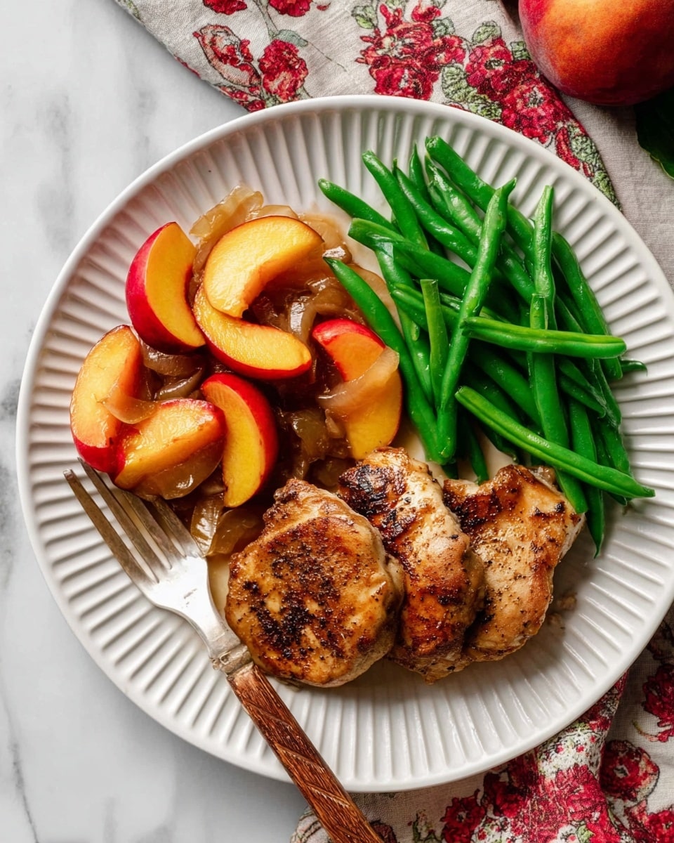 The dish shows two cooked square-shaped pieces of chicken with a brown, grilled surface on the bottom right of a white round plate with ridged edges. On top of the chicken, there are four soft peach slices with yellow and red skin. To the left of the chicken is a layer of soft cooked peach slices with a light brown sauce and small bits of onions scattered across. Above this, there is a bunch of fresh green beans, bright and smooth in texture, placed on the top right half of the plate. The plate is on a white marbled surface, with part of a red and white floral cloth visible in the top right corner. A wooden-handled fork is placed on the left side of the plate. Photo taken with an iphone --ar 4:5 --v 7