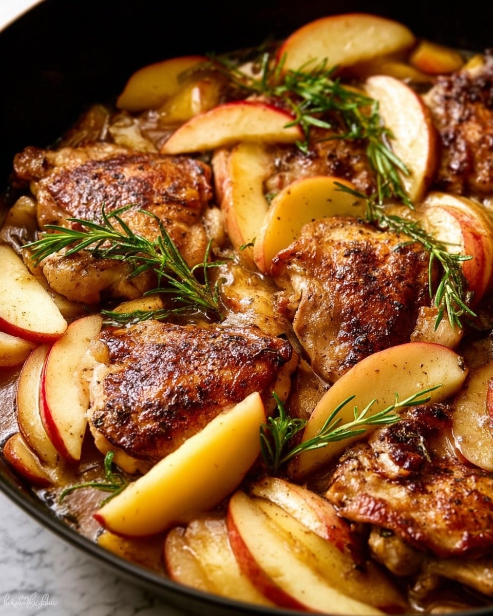 A black cast iron pan filled with six golden brown, cooked chicken thighs and scattered slices of red and green apples, some browned from cooking, with small sprigs of fresh rosemary on top, all sitting in a light sauce at the bottom of the pan. The pan rests on a white marbled surface next to two whole apples, one red and one green, with part of a bowl of green beans visible on the left side. A colorful cloth with red, blue, and orange floral patterns is partly visible in the top right corner. Photo taken with an iphone --ar 4:5 --v 7