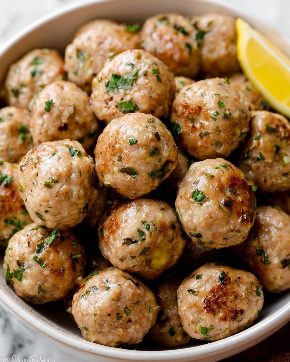The dish shows seven round brown meatballs with small green herb pieces mixed in, one meatball is cut open showing a soft, light inside texture. The meatballs sit on a bed of light green and pale yellow spiralized zucchini noodles mixed with bits of herbs. Two lemon wedges with a pale yellow color rest on the edge of the white plate. The surface beneath the plate is a white marbled texture. photo taken with an iphone --ar 4:5 --v 7