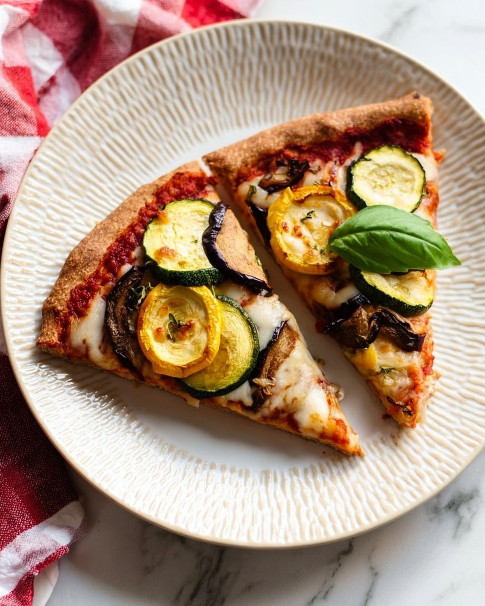 Two slices of vegetable pizza sit on a white plate with a textured pattern. The pizza has a thick, brown crust at the edges. The bottom layer is red tomato sauce, topped with melted white cheese. On top of the cheese, there are roasted vegetable slices of yellow and green zucchini and purple eggplant, arranged evenly across the slices. A fresh green basil leaf rests on one slice. The plate is on a white marbled surface, with a red and white checkered cloth visible at the bottom left photo taken with an iphone --ar 4:5 --v 7
