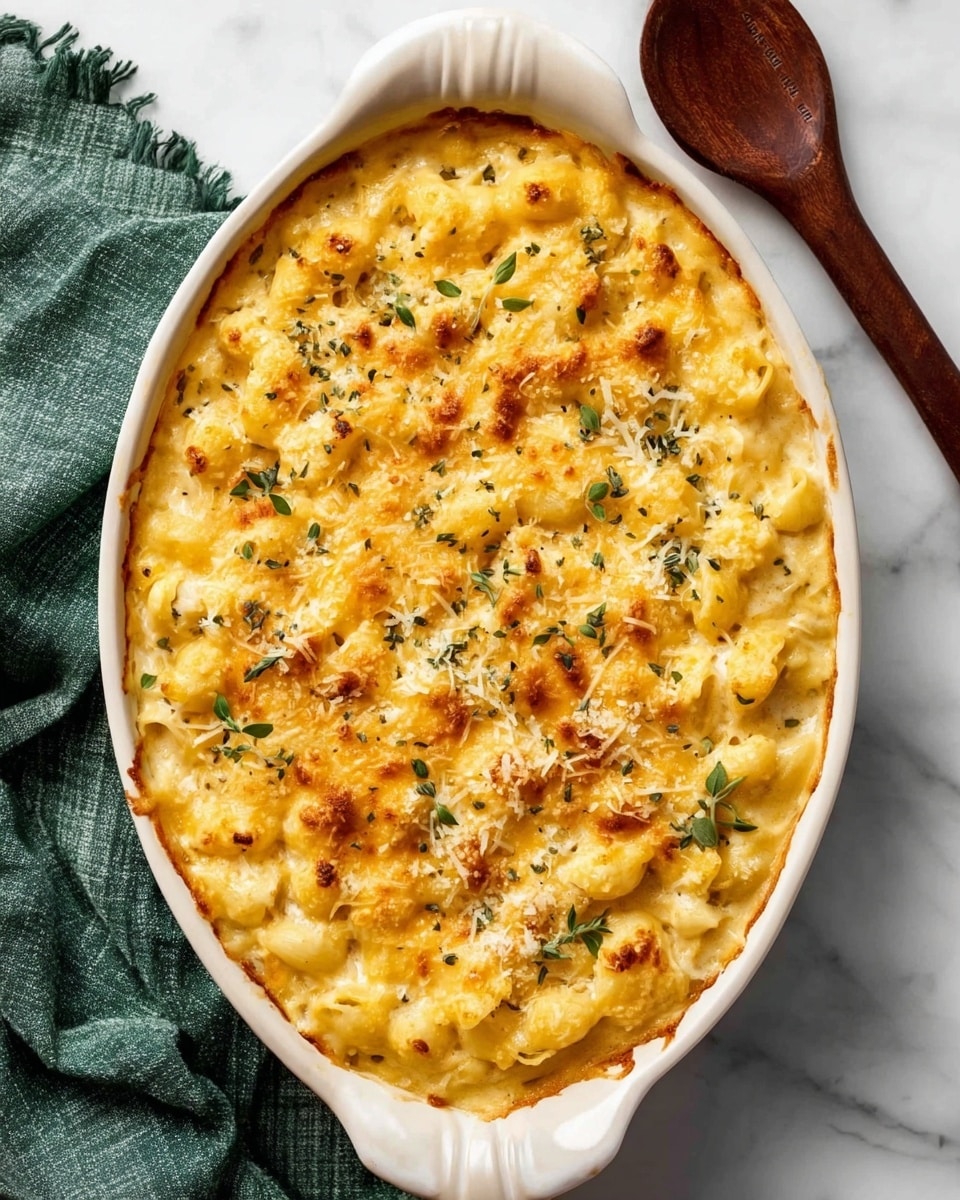 The image shows a close-up of a white round baking dish filled with creamy baked macaroni and cheese made with small shell pasta. The top layer is golden yellow with melted shredded cheese sprinkled all over, and there are small green herb leaves mixed in and on the surface. The texture looks smooth and cheesy with some tiny black pepper dots. A metal spoon with a scoop of pasta is partially inside the dish on the right side. The dish is placed on a white marbled surface. photo taken with an iphone --ar 4:5 --v 7