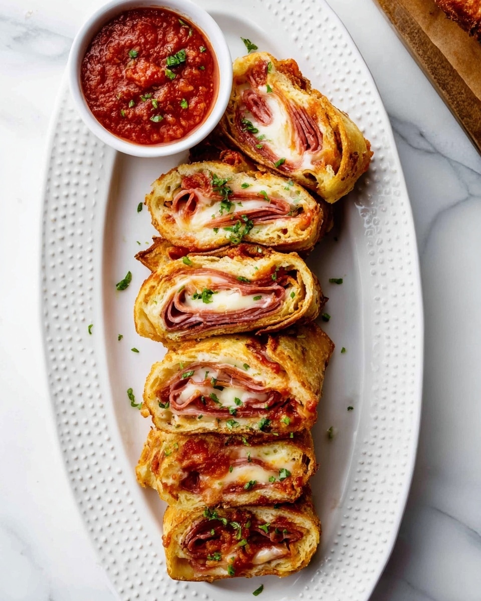 The image shows six slices of a stuffed bread roll lined up in a row on a white marbled surface. Each slice has three visible layers inside: a golden brown crust on the outside, a middle layer of melted pale yellow cheese, and inner layers of red pepperoni or meat with a pinkish hue slightly curled inside. The crust looks crispy and slightly shiny. In the top right corner, there is a small white bowl filled with bright red marinara sauce topped with small bits of green herbs. The overall look is neat and appetizing. photo taken with an iphone --ar 4:5 --v 7