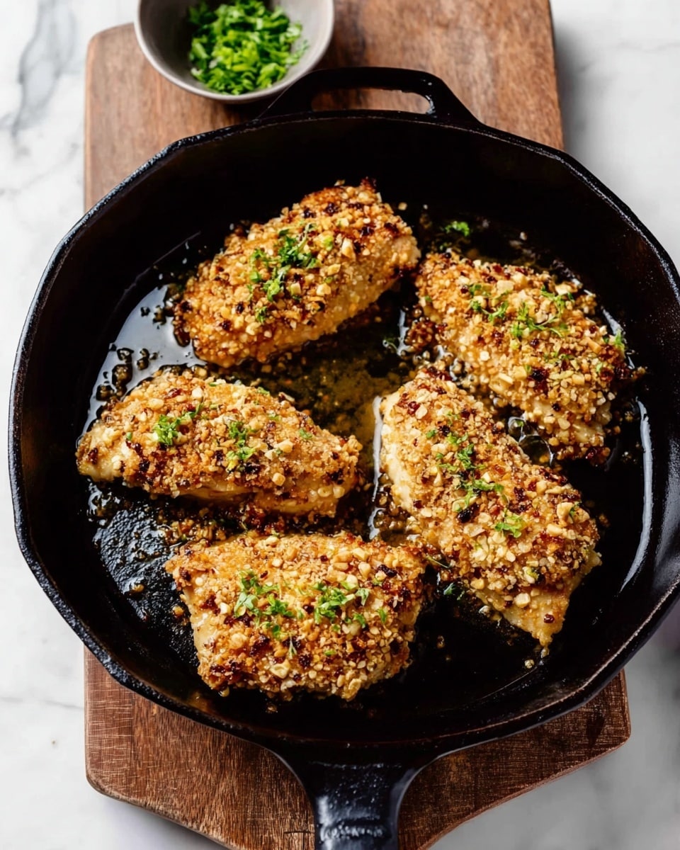 A white plate with ridged edges holds a piece of cooked chicken topped with a brown nutty sauce including chopped nuts and small green herb pieces; the chicken is sliced to show white interior beneath the sauce. On the right side of the plate, several green asparagus spears are placed next to the chicken. A fork rests on the bottom right corner of the plate, partially on the white marbled surface beneath. The photo taken with an iphone --ar 4:5 --v 7