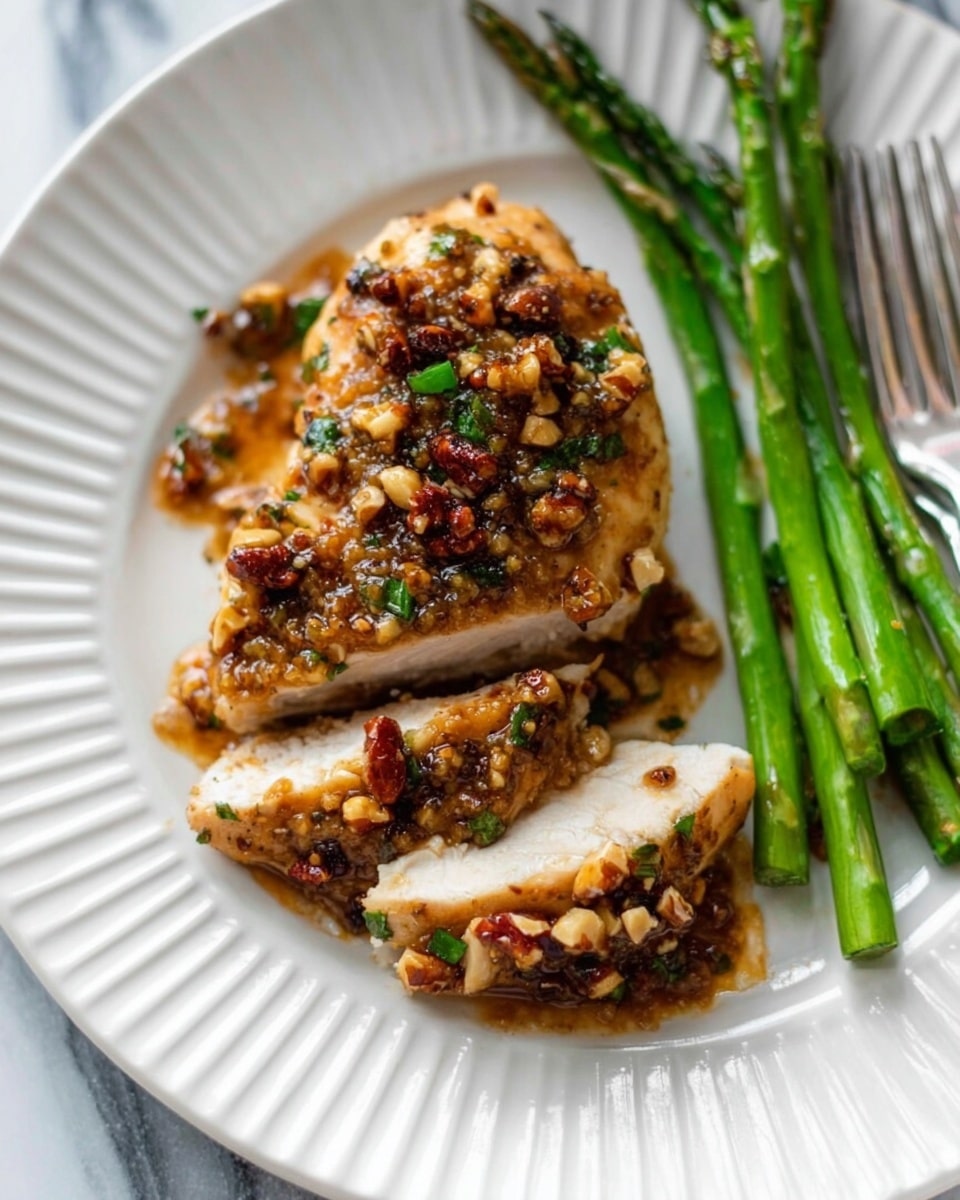 A white round plate with ridged edges holds a piece of nut-crusted chicken topped with small walnut pieces and green herbs, drizzled with a shiny brown sauce. A portion of the chicken is sliced, revealing white tender meat inside, pierced by a fork with a wooden handle lying on the plate. On the right side, there is a bunch of green asparagus spears, some with small pats of melted butter. The plate sits on a white marbled surface with a green cloth underneath. The overall look is warm, fresh, and appetizing. photo taken with an iphone --ar 4:5 --v 7