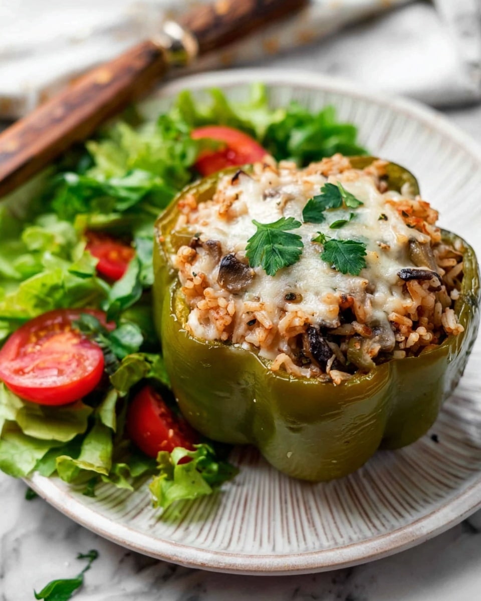 The image shows six stuffed bell peppers placed closely in a white baking dish, arranged in two rows of three. Each pepper is hollowed out and filled with a mix of ground meat, rice, and herbs, topped with melted white cheese and small green parsley leaves. Four of the peppers are green, and two are red, all with slightly wrinkled skin indicating they have been cooked. The filling has a grainy, textured look with bits of black pepper sprinkled on top. The background is a white marbled surface. Photo taken with an iphone --ar 4:5 --v 7