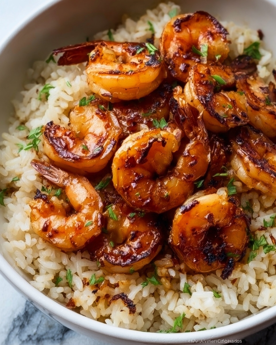 The image shows a white bowl filled with cooked rice topped with several pieces of shrimp. The shrimp have a shiny, caramelized orange-brown color with some charring, giving a grilled look. Small bits of chopped green herbs are sprinkled over the shrimp and rice. The texture of the rice appears fluffy with individual grains visible. The bowl sits on a white marbled surface. photo taken with an iphone --ar 4:5 --v 7