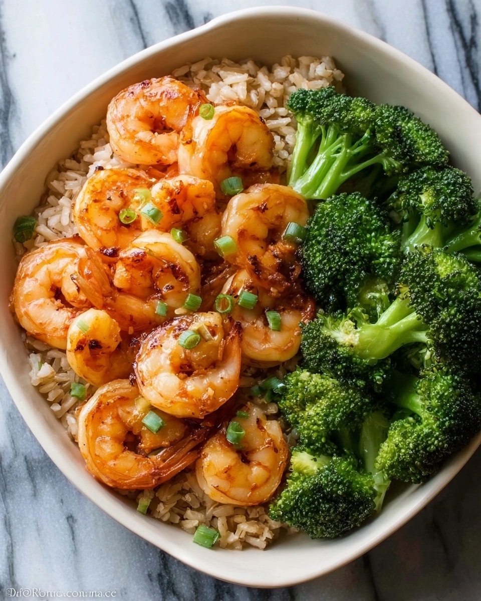 The image shows a shallow white bowl filled with three main layers. The bottom layer is light brown rice spread evenly across the bowl. On top of the rice are about eight large shrimp, cooked with a shiny caramelized brown glaze, placed mostly in the center and front. The shrimp have a slightly curled shape and some green onion bits sprinkled on them. At the back edge of the bowl, there is a small pile of bright green broccoli florets, adding color contrast to the dish. A woman's hand is holding a silver fork that pierces one shrimp in the front right of the bowl. The background is a white marbled surface. photo taken with an iphone --ar 4:5 --v 7