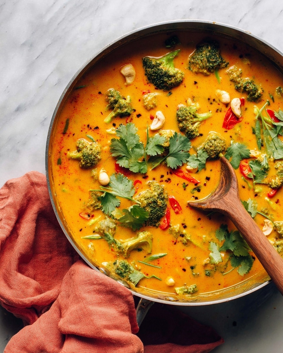 A large round pan filled with thick orange-yellow curry containing green broccoli pieces, red chili slices, white cashew nuts, and fresh green cilantro leaves floating on top. A wooden spoon rests inside the curry, partially submerged, and a coral-colored cloth is underneath the pan on a white marbled surface. The curry’s texture is smooth and creamy with some small chunks and scattered seasoning visible photo taken with an iphone --ar 4:5 --v 7