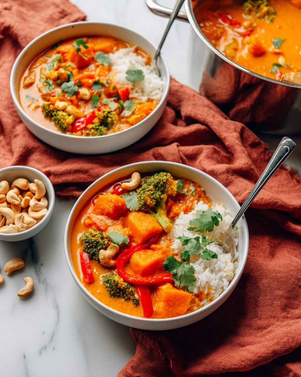 The image shows two white bowls placed on a white marbled surface, each filled halfway with white rice on one side and a thick orange curry on the other side. The curry contains bright green broccoli florets, orange chunks of squash or sweet potato, red bell pepper slices, and whole cashew nuts, garnished with fresh green cilantro leaves. One bowl rests directly on the surface, while the other sits near a pink cloth napkin with two metal spoons resting on top. A larger pot filled with the same orange curry and broccoli is partially visible at the top left. There is also a small white bowl full of whole cashew nuts at the top center with a few scattered around it. A single sprig of cilantro lies on the right side of the image. The background is a clean white marble. Photo taken with an iphone --ar 4:5 --v 7