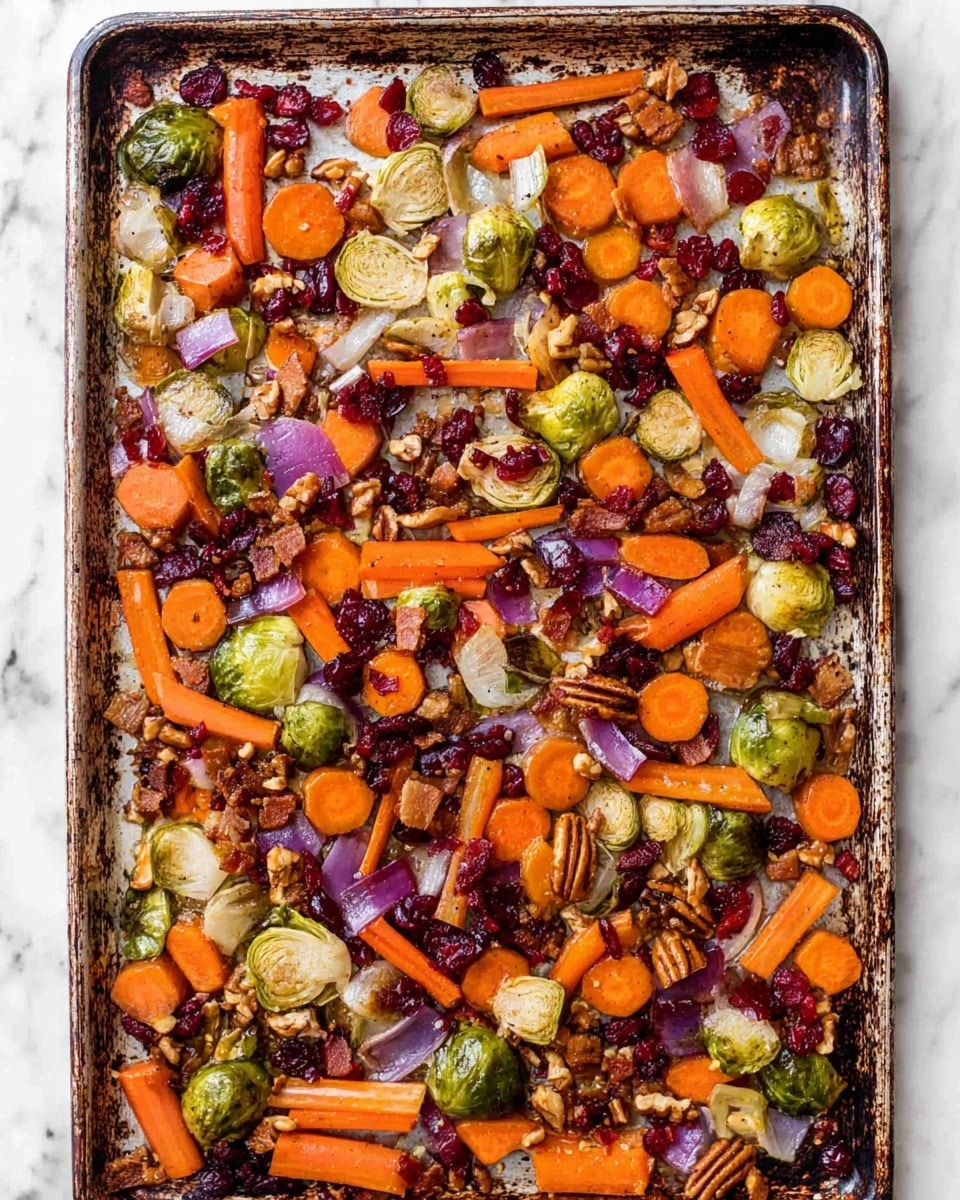 A baking tray filled with a colorful mix of roasted vegetables and nuts on a white marbled surface. The dish has layers of bright orange carrot slices scattered evenly, light green halved Brussels sprouts with a golden-brown roasted texture, and chopped purple onion pieces adding contrast. There are also small red cranberries spread throughout, and dark brown pecan nuts giving a crunchy look. Small pieces of cooked bacon add a darker, rich brown color, creating a mix of textures and colors. The tray itself looks well-used with blackened marks on its edges, giving a rustic feel. photo taken with an iphone --ar 4:5 --v 7