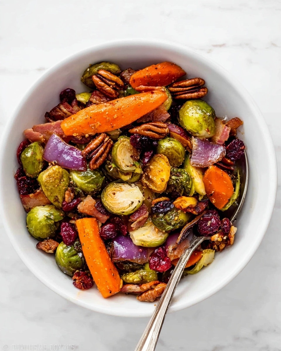 A white bowl filled with roasted vegetables and nuts shows three main layers: the top layer has bright orange carrot slices with a slightly roasted texture, chunks of crispy bacon in brown shades, and pecans with a deep brown color and ridged texture; the middle layer contains golden to light brown roasted Brussels sprouts, scattered red cranberries, and pieces of roasted red onions with a soft, shiny texture in purple and white tones; the bottom layer is a mix of more Brussels sprouts and onion pieces, all served over a white marbled surface. The image is bright and colorful with a warm, roasted look and small flecks of pepper sprinkled throughout. Photo taken with an iphone --ar 4:5 --v 7