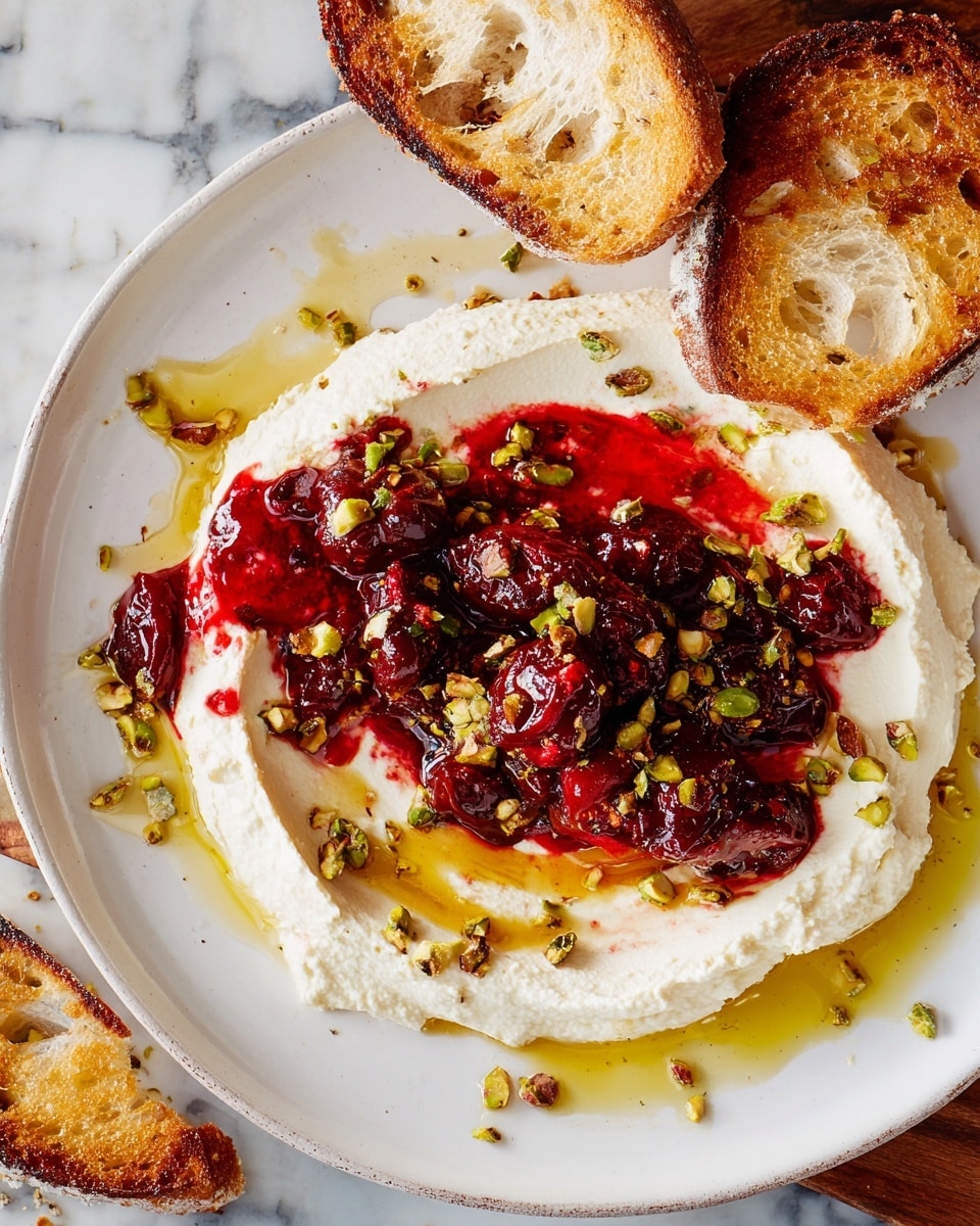 The dish is served on a white plate with a creamy white base layer that has smooth and soft texture, spread out in a circular shape. On top, there is a bright red chunky layer made of cooked cherries or berries, placed unevenly mostly on one side. Scattered over this red layer are small green pistachio pieces adding a crunchy texture and pops of color. There are small pools and streaks of golden honey drizzled around the plate, mixing slightly into the creamy base and red topping. On the edge of the plate, there are two slices of toasted bread with golden brown crispy crust and a spongy interior. The whole scene is set on a white marbled surface. photo taken with an iphone --ar 4:5 --v 7