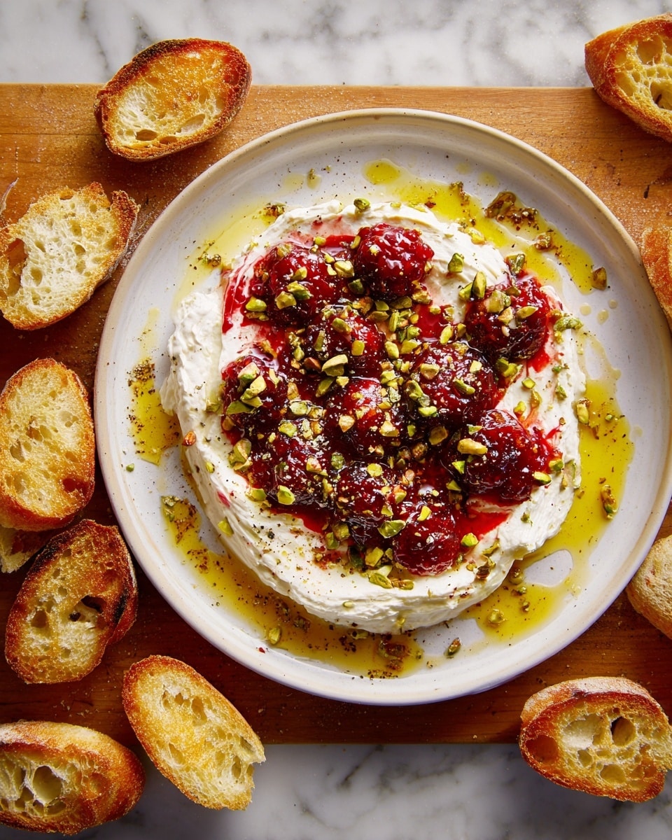 A shallow white bowl contains a creamy white base layer spread evenly across the bottom with a smooth and soft texture. On top, a layer of dark red berry jam is spread roughly in the middle, with visible chunks of berries adding a slightly rough texture. Scattered over the jam are small pieces of chopped green pistachios, giving a crunchy texture and greenish-brown color contrast. Around the bowl, light golden toasted bread slices are placed, adding a crisp element to the scene. The bowl is set on a white marbled surface. photo taken with an iphone --ar 4:5 --v 7