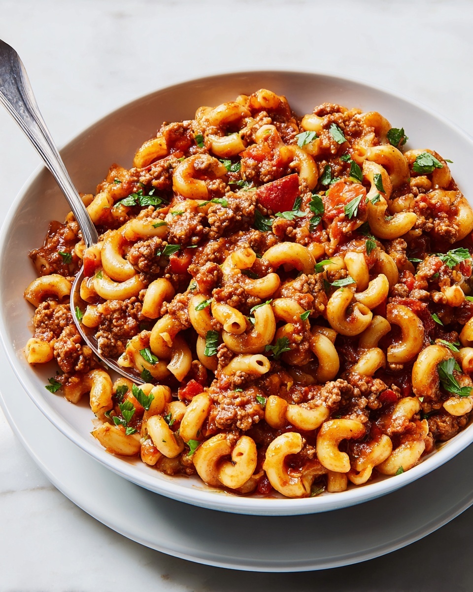 A white bowl filled with a heaping serving of elbow macaroni pasta mixed with a rich, reddish-brown ground meat sauce that coats each piece. Small chunks of meat and diced tomatoes are spread throughout, adding texture and deeper red tones. Bright green parsley leaves are sprinkled on top, giving fresh color contrast. The bowl rests on a white plate, all set on a white marbled surface. A silver spoon is partly buried in the pasta, ready for serving. photo taken with an iphone --ar 4:5 --v 7