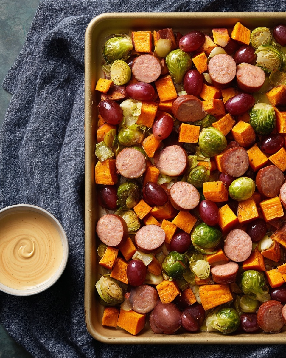 A close-up of a mixed roasted dish spread out with layers of browned sausage slices that are dark pink with a crispy texture, bright orange cubed sweet potatoes with a slightly soft and roasted look, and green halved Brussels sprouts showing charred edges and a tender inside. Scattered on top are small pieces of pecans adding a rich brown contrast, dried dark red cranberries, and a light sprinkle of white grated cheese over everything. A wooden spoon rests on the dish, holding a small mix of these ingredients. The background is a white marbled surface. photo taken with an iphone --ar 4:5 --v 7