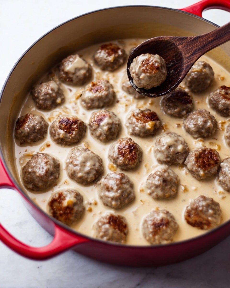 A red pot filled with many small round meatballs sitting in a creamy light beige sauce. The sauce partly covers the tops of the meatballs, showing their browned and textured surface with some small bits visible. A dark wooden spoon holds one meatball above the sauce near the pot’s edge. The pot is on a white marbled surface. photo taken with an iphone --ar 4:5 --v 7