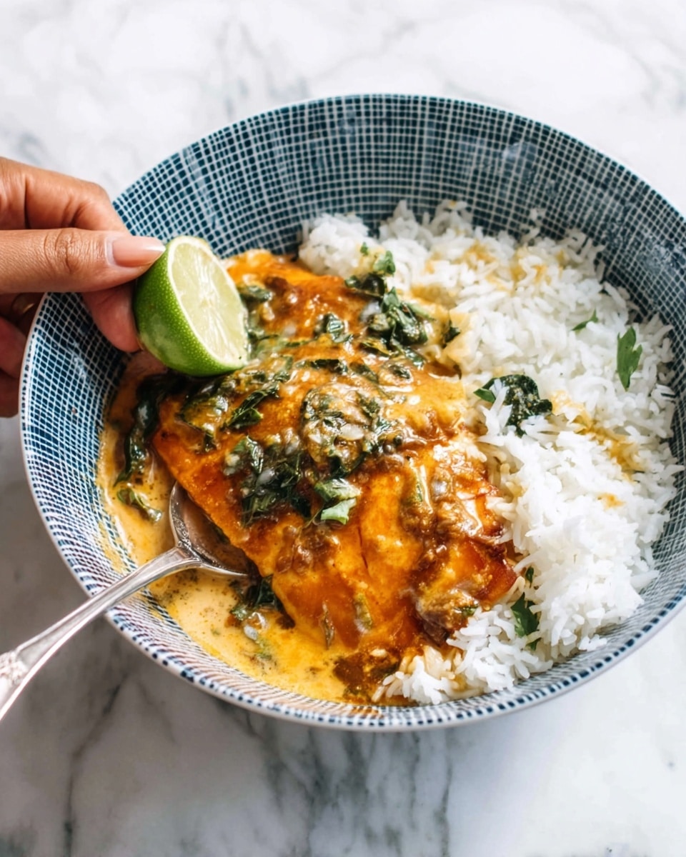 A white bowl with a blue grid pattern holds a meal with three layers: the bottom layer is white cooked rice with a soft, grainy texture; the middle layer is a large piece of cooked, golden-brown fish; the top layer is a shiny, thick orange sauce with green leafy bits spread unevenly over the fish and rice. A woman's hand is squeezing a green lime wedge over the meal, with lime juice dripping onto the food. A silver spoon rests on the left side, partially in the rice. The bowl is placed on a bright white marbled surface. photo taken with an iphone --ar 4:5 --v 7