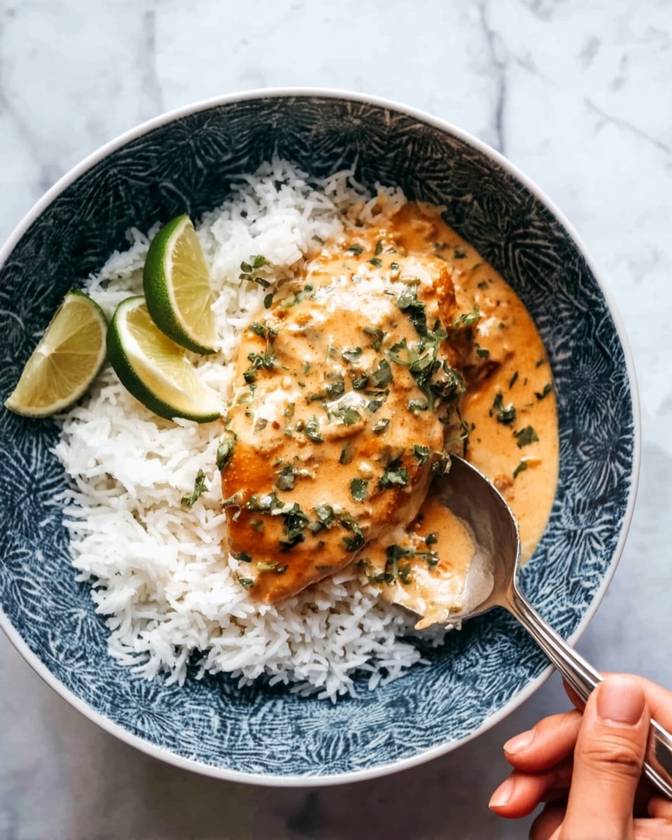 The dish is presented in a round, white bowl filled mostly with fluffy white rice on one side as the base layer. On top of the rice, there are several chunks of grilled meat covered in a thick, orange-brown creamy sauce with visible herbs mixed in. Bright green chopped herbs and green onion slices are scattered over the sauce, adding freshness and color, along with a few small yellow pieces that look like mango. A fresh green leafy garnish sits near the center, and a lime wedge rests at the edge of the bowl. A pair of light wooden chopsticks lay on the rim of the bowl on the right side. The bowl is set on a dark metal tray, and the surface underneath has a white marbled texture photo taken with an iphone --ar 4:5 --v 7