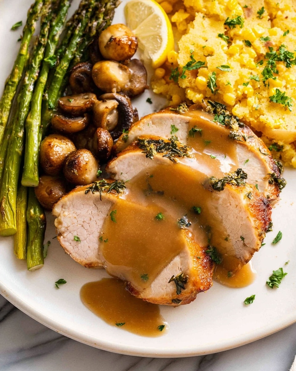 On a white plate with a white marbled background, there are two thick slices of roasted meat with a light golden-brown crust, dotted with herbs, and covered with a smooth, medium-brown gravy sauce flowing over the top. Underneath the meat is a textured, golden-yellow baked side with small bits of corn visible. To the upper left of the meat, there are several bright green asparagus spears and small, round brown mushrooms sprinkled with chopped parsley. A single lemon wedge rests on the asparagus, adding a pop of yellow. The composition is neat, colorful, and inviting. Photo taken with an iphone --ar 4:5 --v 7