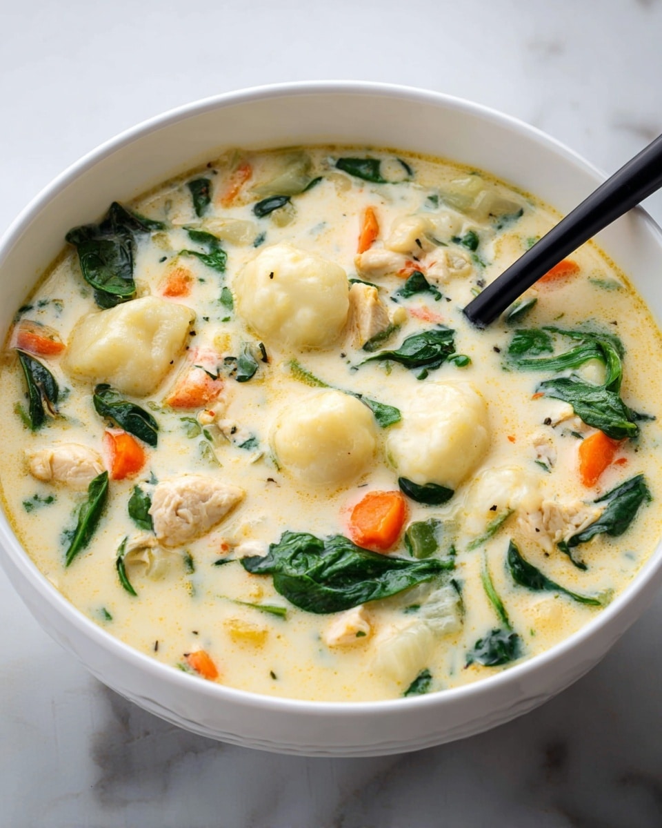 The image shows a white bowl filled with creamy soup that has a thick, pale yellow base. Inside the soup, there are soft, small round dumplings, orange carrot pieces, green spinach leaves, and tender white chunks of meat evenly mixed throughout. A black spoon rests inside the bowl, slightly submerged in the soup. The bowl is placed on a white marbled surface. Photo taken with an iphone --ar 4:5 --v 7